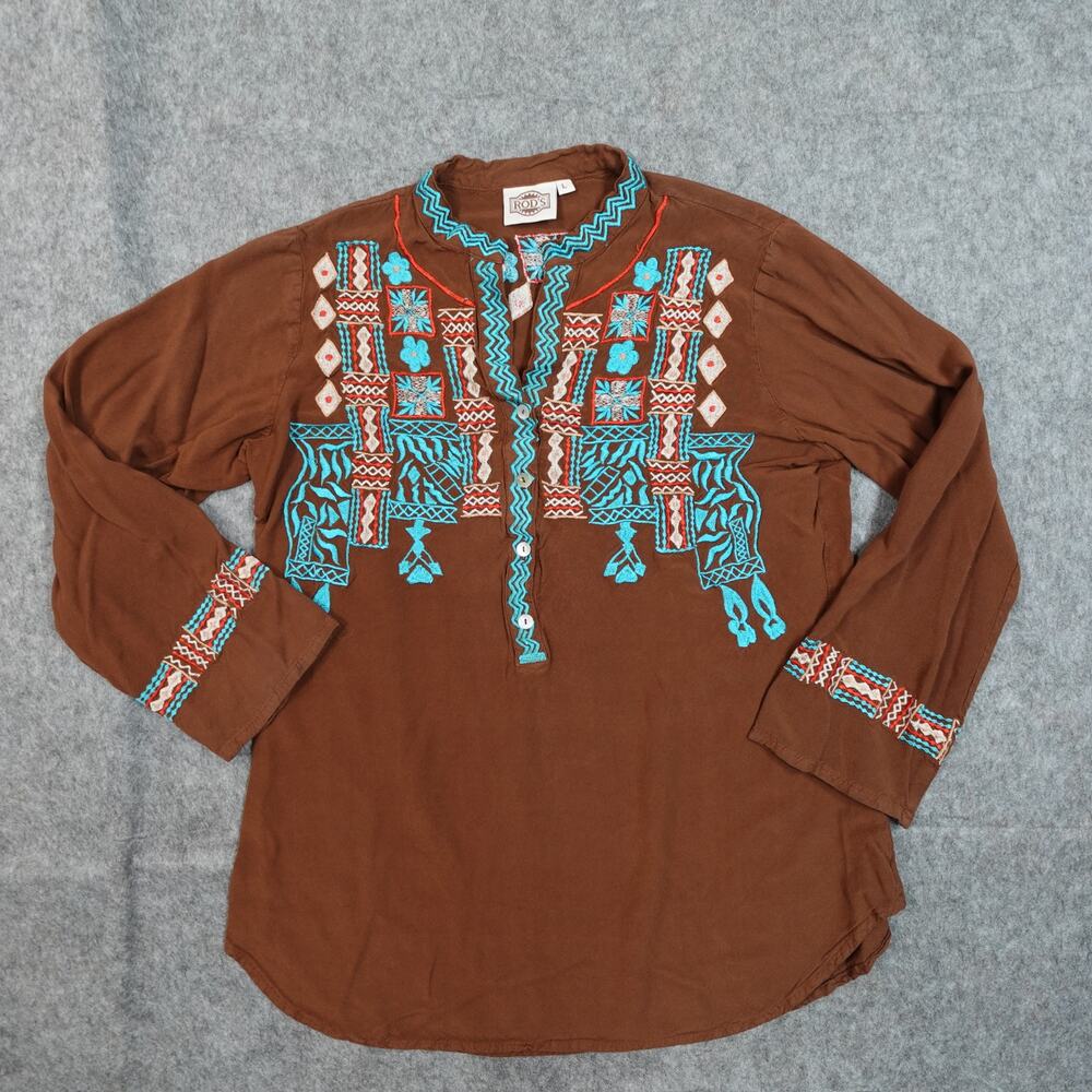 Rods Top Womens Large Embroidered Tunic Boho Floral Southwestern‎ Brown Blouse
